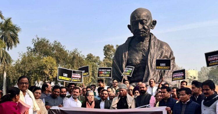INDIA MPs Protest Bulk Suspension at Gandhi Statue