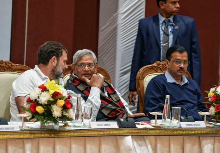 New Delhi, Dec 19 (ANI): Congress leader Rahul Gandhi, CPI(M) leader Sitaram Yechury and Delhi Chief Minister Arvind Kejriwal during the INDIA alliance meeting, in New Delhi on Tuesday. (ANI Photo/Ishant)