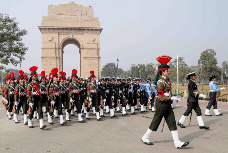 New Delhi, Jan 23 (ANI): The first-ever tri-services women contingent take part in the full dress rehearsal for the Republic Day Parade 2024, at Kartavya Path, in New Delhi on Tuesday. (ANI Photo)