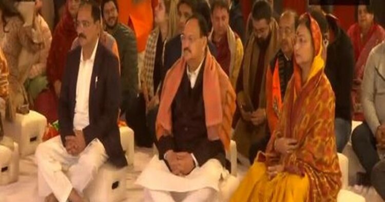 JP Nadda Watches Live Telecast of Ayodhya Ram Mandir 'Pran Pratishtha' at Jhandewalan Temple in Delhi