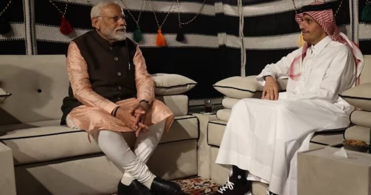 Prime Minister Narendra Modi met up with the Emir of Qatar, Sheikh Tamim bin Hamad Al Thani in Doha on Thursday as PM Modi reached the Middle East country last evening.