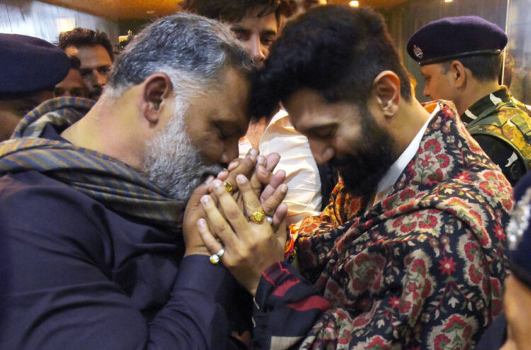 (Ramvilas) Chief Chirag Paswan meets Jan Adhikar Party chief Pappu Yadav during the annual convention of Mahila Vikas Manch, in January