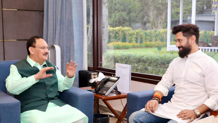 New Delhi, Mar 13 (ANI): Lok Janshakti Party (Ram Vilas) President Chirag Paswan meets BJP national president JP Nadda, in New Delhi on Wednesday. (ANI Photo)