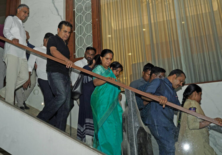 Hyderabad, Mar 15 : BRS leader K Kavitha being taken to Delhi by the Enforcement Directorate after the ED detains her in the alleged Delhi excise policy, at the residence of BRS MLC K Kavitha in Hyderabad on Friday.