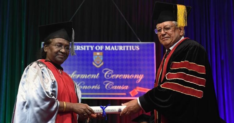 On Tuesday, President Droupadi Murmu was felicitated with the honorary degree of Doctor of Civil Law by the University of Mauritius, demonstrating the depth of bilateral ties.