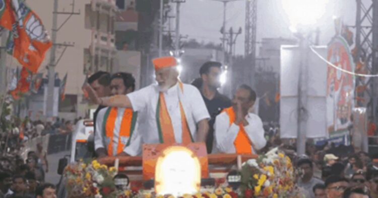 Prime Minister Narendra Modi held a massive roadshow in the Medchal Malkajgiri district here on Friday evening as part of the BJP's election campaign for the upcoming Lok Sabha elections.