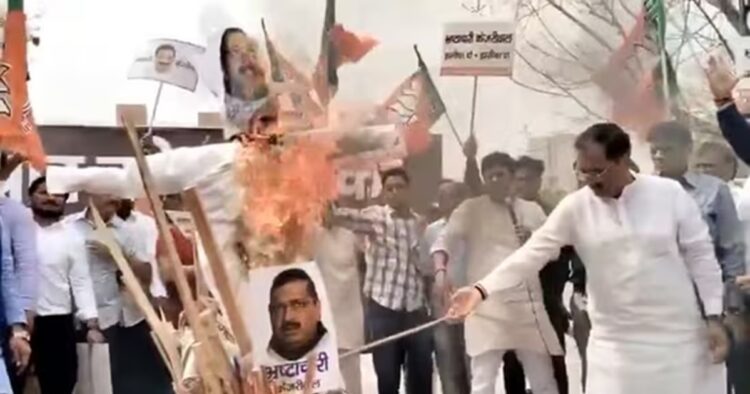 On Sunday, Bharatiya Janata Party (BJP) workers in Delhi held a counter-protest against the Aam Aadmi Party (AAP) and burned effigies of Delhi Chief Minister Arvind Kejriwal, who has been jailed since March 21 in the excise policy case.