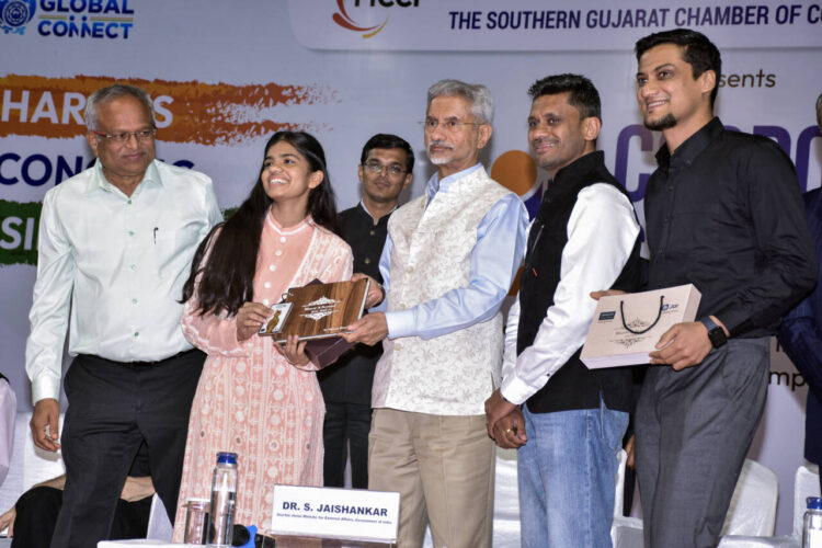 Surat, Apr 01; External Affairs Minister S Jaishankar attends the Corporate Summit 2024 at SIECC, Sarsana in Surat on Monday.