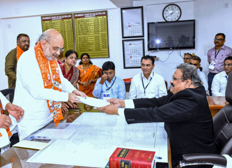 Gandhinagar, Apr 19: Union Home Minister Amit Shah files his nomination papers from the Gandhinagar Lok Sabha seat for the Lok Sabha polls, in Gandhinagar on Friday.