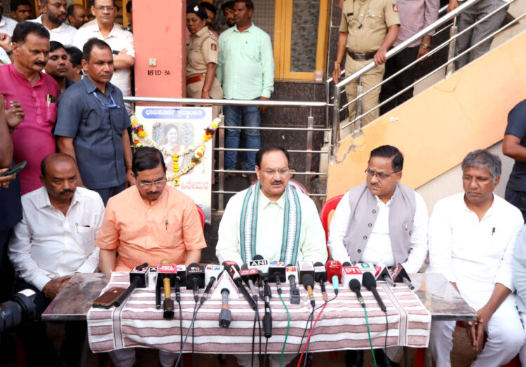 Hubballi, Apr 21: Bharatiya Janata Party (BJP) National President JP Nadda accompanied by Union Parliamentary Affairs Minister Pralhad Joshi addresses the media after meeting with the Congress Councillor of Hubballi-Dharwad Municipal Corporation Niranjan Hiremath to express condolences after his daughter was murdered in her college premises, at the latter's residence, in Hubballi on Sunday.