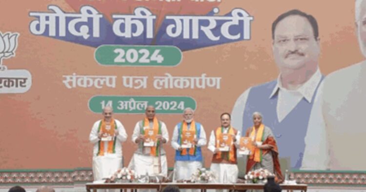 On Sunday Prime Minister Narendra Modi and senior BJP leaders including J P Nadda, Amit Shah, Rajnath Singh and Nirmala Sitharaman released the party’s manifesto – ‘Sankalp Patra’ at the party headquarters in Delhi.