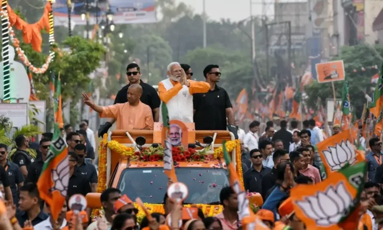 Prime Minister Narendra Modi conducted a roadshow in Puri, Odisha. Party’s candidate from Puri Lok Sabha seat, Sambit Patra is with him.