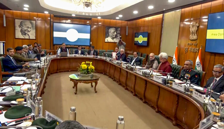 Union Home Minister Amit Shah chairs a high-level security review meeting on Jammu and Kashmir, at the Ministry of Home Affairs (MHA), in New Delhi on Tuesday. National Security Advisor (NSA) Ajit Doval, Jammu and Kashmir Lieutenant Governor Manoj Sinha, Indian Army Chief General Manoj Pande, Union Home Secretary Ajay Bhalla and other dignitaries