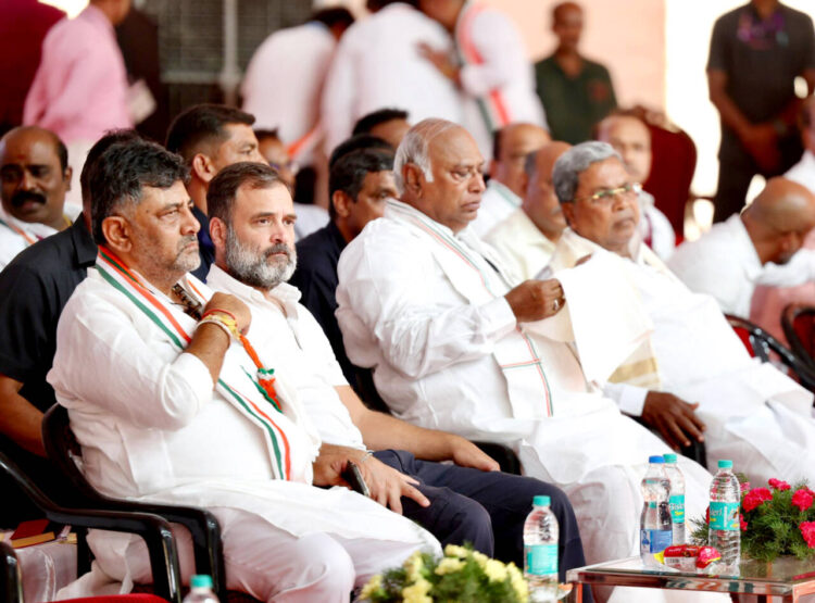 Shivamoga, May 02 : Congress President Mallikarjun Kharge, party leader Rahul Gandhi, Karnataka Chief Minister Siddaramaiah and State Deputy CM DK Shivakumar during a public meeting for the Lok Sabha elections, in Shivamoga on Thursday.