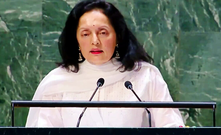 New York [USA], May 03: India's Permanent Representative to the United Nations Ruchira Kamboj speaks at the United Nations General Assembly (UNGA) meeting, on Thursday.