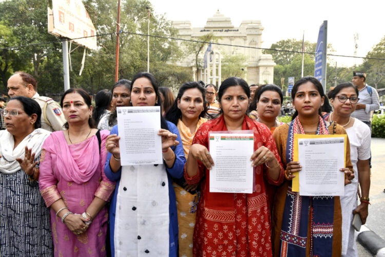 New Delhi, May 16 : Members of the BJP women's wing arrive to meet AAP MP Swati Maliwal in connection with an alleged assault case, at her residence in Delhi on Thursday. Swati was assaulted by former Delhi Chief Minister Arvind Kejriwal PS Bibhav Kumar.