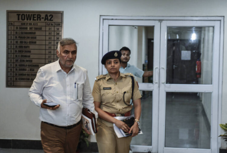 New Delhi, May 16 : Special CP Pramod Kushwaha and a woman police official leave the residence of Aam Aadmi Party Rajya Sabha MP Swati Maliwal after investigating in connection with an alleged assault case, in Delhi on Thursday. Swati was assaulted by former Delhi Chief Minister Arvind Kejriwal PS Bibhav Kumar.