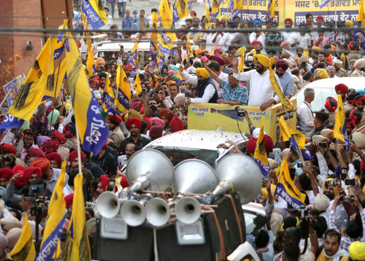 Amritsar, May 16 : Delhi CM Arvind Kejriwal and Punjab CM Bhagwant Mann along with AAP candidate for Amritsar, Kuldip Singh Dhaliwal hold a road show for the Lok Sabha election, in Amritsar on Thursday