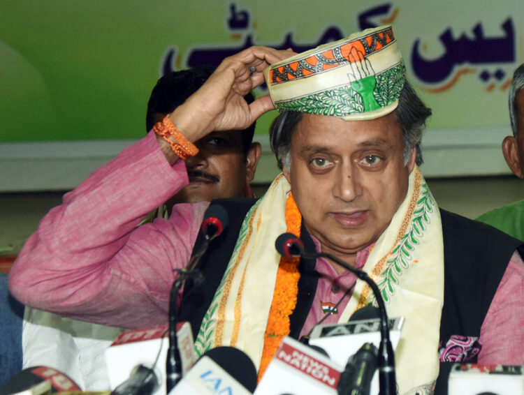 Patna, May 24: Congress leader and party candidate from Thiruvananthapuram seat Shashi Tharoor addresses a press conference, at the party office, in Patna on Friday.