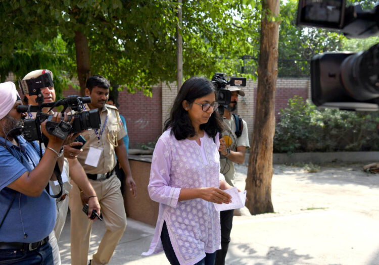 New Delhi, May 25 : Aam Aadmi Party (AAP) MP Swati Maliwal arrives to cast her vote for the sixth phase of the Lok Sabha elections 2024, at a polling station in New Delhi on Saturday.