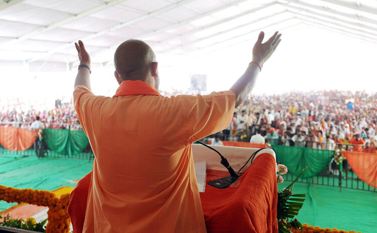 Chandauli, May 26: Uttar Pradesh Chief Minister Yogi Adityanath addresses a public meeting in support of the party candidate from Chandauli constituency Mahendra Nath Pandey, in Chandauli on Sunday.