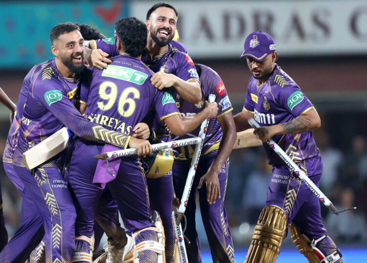 Chennai, May 26: Kolkata Knight Riders' captain Shreyas Iyer and teammates celebrate the team's victory against Sunrisers Hyderabad in the Indian Premier League 2024 final, at MA Chidambaram Stadium in Chennai on Sunday.