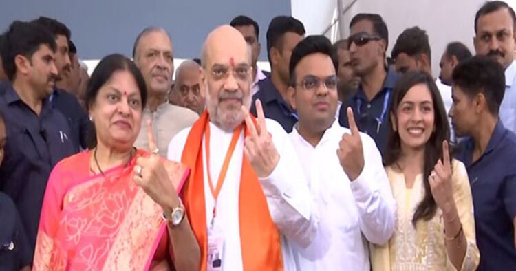 On Tuesday Union Home Minister Amit Shah cast his vote in Ahmedabad, Gujarat for the third phase of the Lok Sabha elections. Amit Shah was accompanied by his wife, son Jay Shah, at the polling booth at the Sub-Zonal office near Kameshwar Mahadev Temple, Naranpura area.