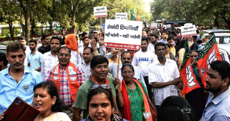 BJP leaders and workers held a protest outside the Congress headquarters demanding Rahul Gandhi and Sonia Gandhi to apologise over Sam Pitroda’s racist remarks.