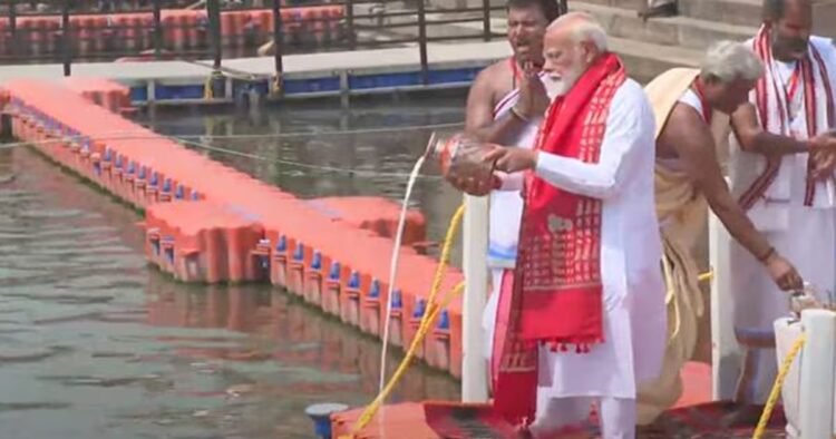 Prime Minister Narendra Modi offered prayers at Dashashwamedh Ghat on the banks of the Ganges in Varanasi before filling his nomination from the Varanasi Lok Sabha seat today in Uttar Pradesh. The day also marks the auspicious day of Ganga Saptami and PM Modi participated in prayers and performed the Ganga Aarti at the Ghat