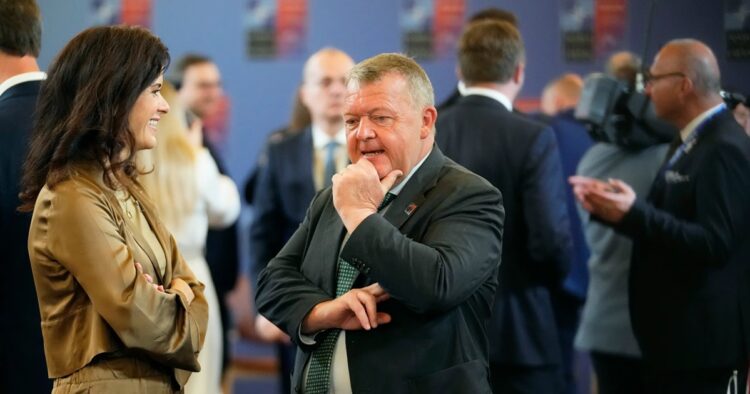 Denmark’s Foreign Minister Lars Lokke Rasmussen, center, speaks with Iceland’s Foreign Minister Thordis Kolbrun Reykfjord Gylfadottir during a meeting of NATO foreign ministers at the Czernin Palace