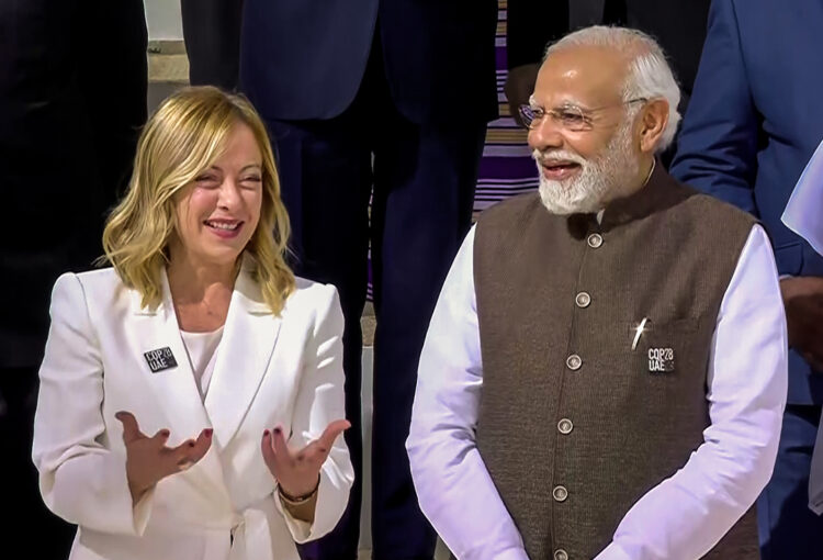 Dubai, Dec 1 : Prime Minister Narendra Modi with Italian PM Giorgia Meloni at the annual Conference of Parties to the UN Framework Convention on Climate Change (COP 28) Leadership Pavilion, in Dubai