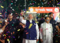 New Delhi, June 04 : Prime Minister Narendra Modi shows victory signs as he arrives at BJP HQ after National Democratic Alliance's (NDA) lead in the Lok Sabha elections 2024, in New Delhi on Tuesday.