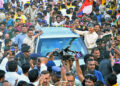 Andhra Pradesh, June 04: Telugu Desam Party (TDP) President N Chandrababu Naidu being welcomed by supporters after the party's lead in the state Assembly and Lok Sabha elections, on Tuesday.