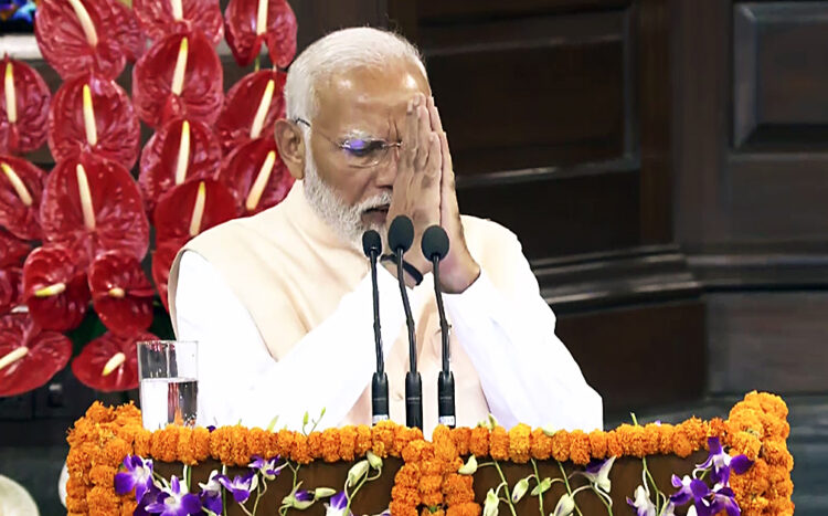 New Delhi, Jun 7: Prime Minister Narendra Modi addresses the National Democratic Alliance (NDA) Parliamentary Party meeting, at the Samvidhan Sadan, in New Delhi on Friday.