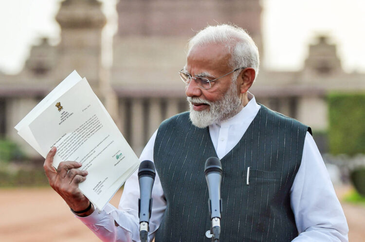 New Delhi, Jun 7 : Prime Minister Narendra Modi addresses the media after meeting with President Droupadi Murmu and staking claim to form the government as leader of the National Democratic Alliance (NDA) Parliamentary Party, at Rashtrapati Bhavan, in New Delhi on Friday. The President appointed him as PM-designate and he will take oath for the third consecutive time on 9th June.