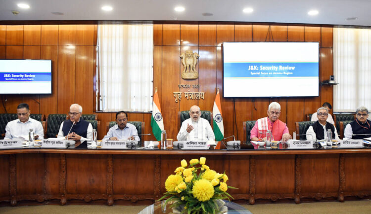 New Delhi, Jun 16 : Union Home and Co-operation Minister Amit Shah chairs a high-level meeting to review Jammu and Kashmir security situation, at North Block in New Delhi on Sunday. Jammu and Kashmir Lieutenant Governor Manoj Sinha, National Security Advisor Ajit Doval an other dignitaries also present.