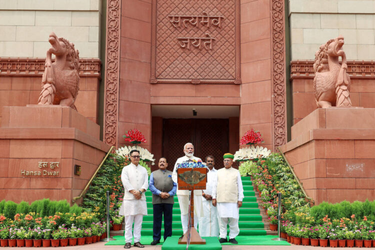 New Delhi, Jun 24: Prime Minister Narendra Modi addresses the media before the First Session of the 18th Lok Sabha, as Union Ministers Kiren Rijiju, Jitendra Singh, Arjun Ram Meghwal and L Murugan look on, at the Parliament House, in New Delhi on Monday. He will take oath as the Member of the Lok Sabha for the third term.