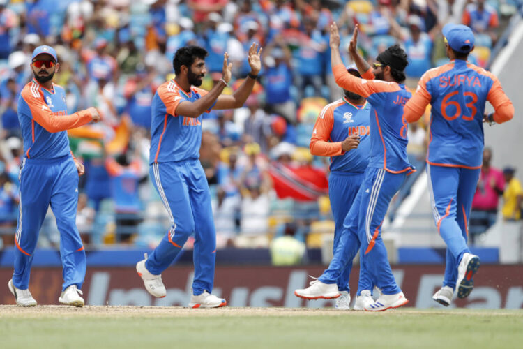 Barbados, Jun 29: India's Jasprit Bumrah and teammates celebrate the dismissal of South Africa's Reeza Hendricks in the ICC Mens T20 World Cup 2024 final, at Kensington Oval in Barbados on Saturday