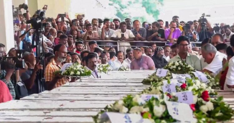 Kerala Chief Minister Pinarayi Vijayan paid floral tributes to the bodies of the victims of the fire tragedy in Kuwait, who arrived at the Cochin International Airport on Friday.