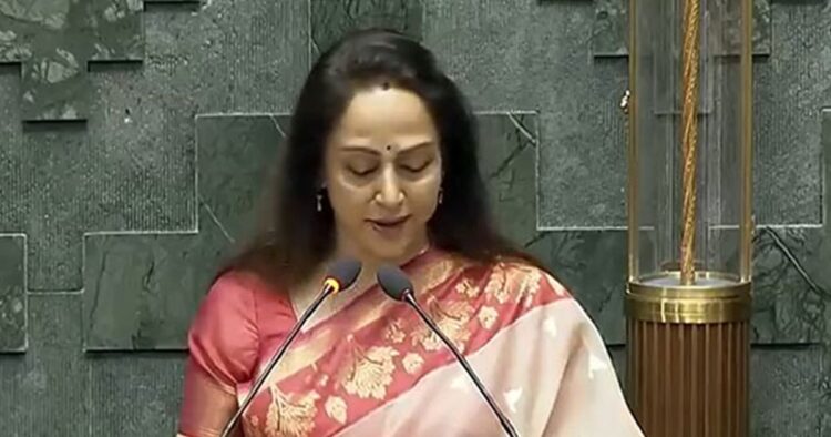 Actor-turned-politician Hema Malini took oath as the Member of Parliament for Mathura for the third time in a row on Tuesday.