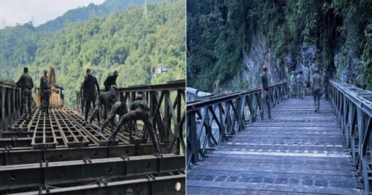 Army engineers of Trishakti Corps constructed a 70 feet Bailey Bridge on Gangtok's Dikchu-Sanklang road within 72 hours to restore connectivity to areas cut off due to recent floods in Sikkim.