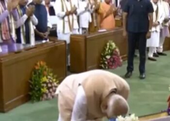 Prime Minister Narendra Modi bowed and touched the Constitution of India with his forehead after he entered the ‘Samvidhan Sadan (Central Hall of Parliament) amid a rousing welcome during the NDA Parliamentary Party meeting.