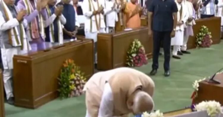 Prime Minister Narendra Modi bowed and touched the Constitution of India with his forehead after he entered the ‘Samvidhan Sadan (Central Hall of Parliament) amid a rousing welcome during the NDA Parliamentary Party meeting.