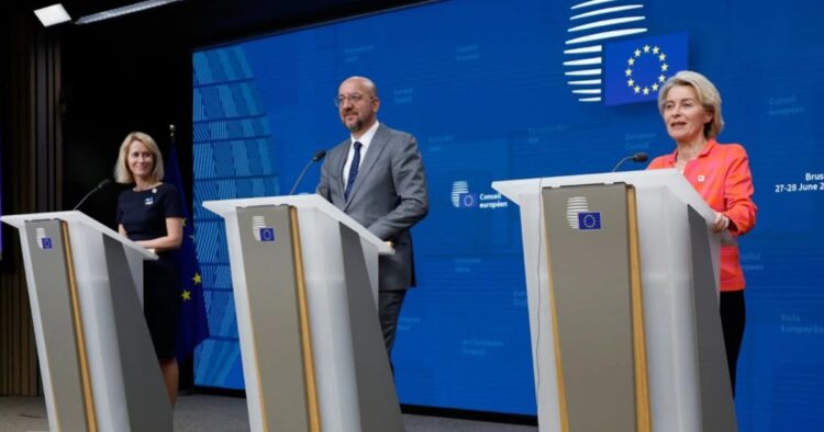 Kaja Kallas, Estonia's Prime Minister (left), Charles Michel, President of the European Council (center), and Ursula von der Leyen, President of the European Commission, addressing a press conference at an EU summit in Brussels.