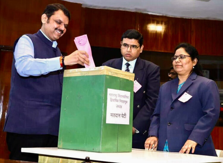 Mumbai, Jul 12 : Maharashtra Deputy Chief Minister Devendra Fadnavis cast his vote for the state Legislative Council elections, at Vidhan Bhavan in Mumbai on Friday.