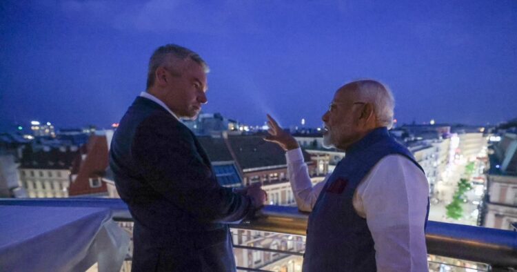 Prime Minister Narendra Modi joined dinner hosted by Austria Chancellor Karl Nehammer, where he was greeted by members of the Indian diaspora.