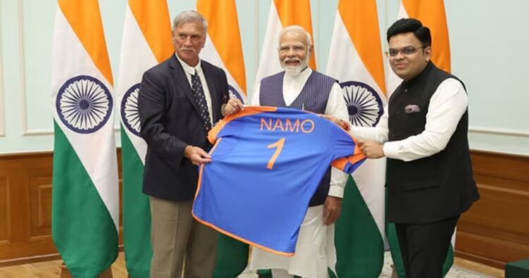 The Board of Control for Cricket in India (BCCI) President Roger Binny and Secretary Jay Shah gifted 'NAMO 1' jersey to Prime Minister Narendra Modi at his residence on Thursday.