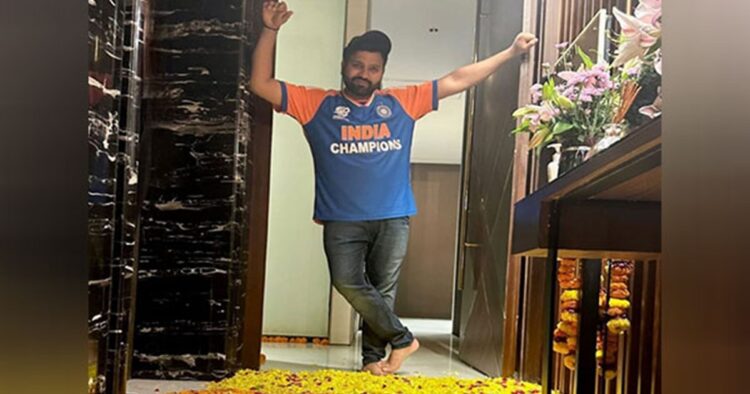 The Indian skipper Rohit Sharma received a warm welcome at his home sweet home following his side's ICC T20 World Cup win at Barbados last Saturday. Team 45 Ro, the official media team of the Indian skipper, took to Instagram, sharing a picture of Rohit standing at a door of his house, titled 'home sweet home'.