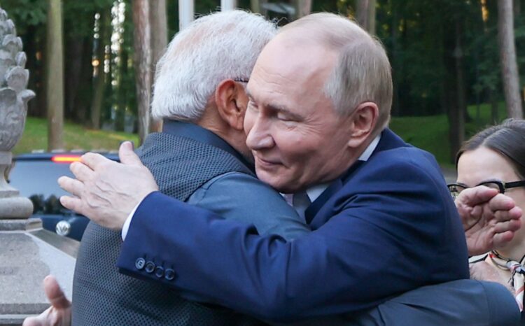 Prime Minister Narendra Modi welcomed by Russian President Vladimir Putin at his official residence at Novo-Ogaryovo for a private engagement, in Moscow, on July 8 2024.