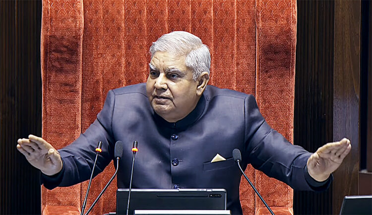 FILE: RS Chairman Jagdeep Dhankhar conducts the proceedings of the House during the Budget Session of Parliament